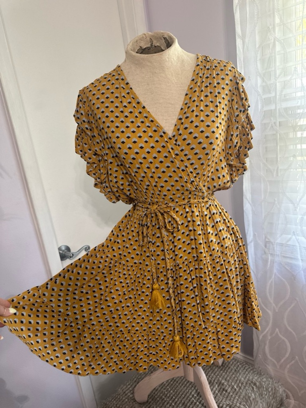 Angie Mustard Yellow Printed Wrap Mini Dress